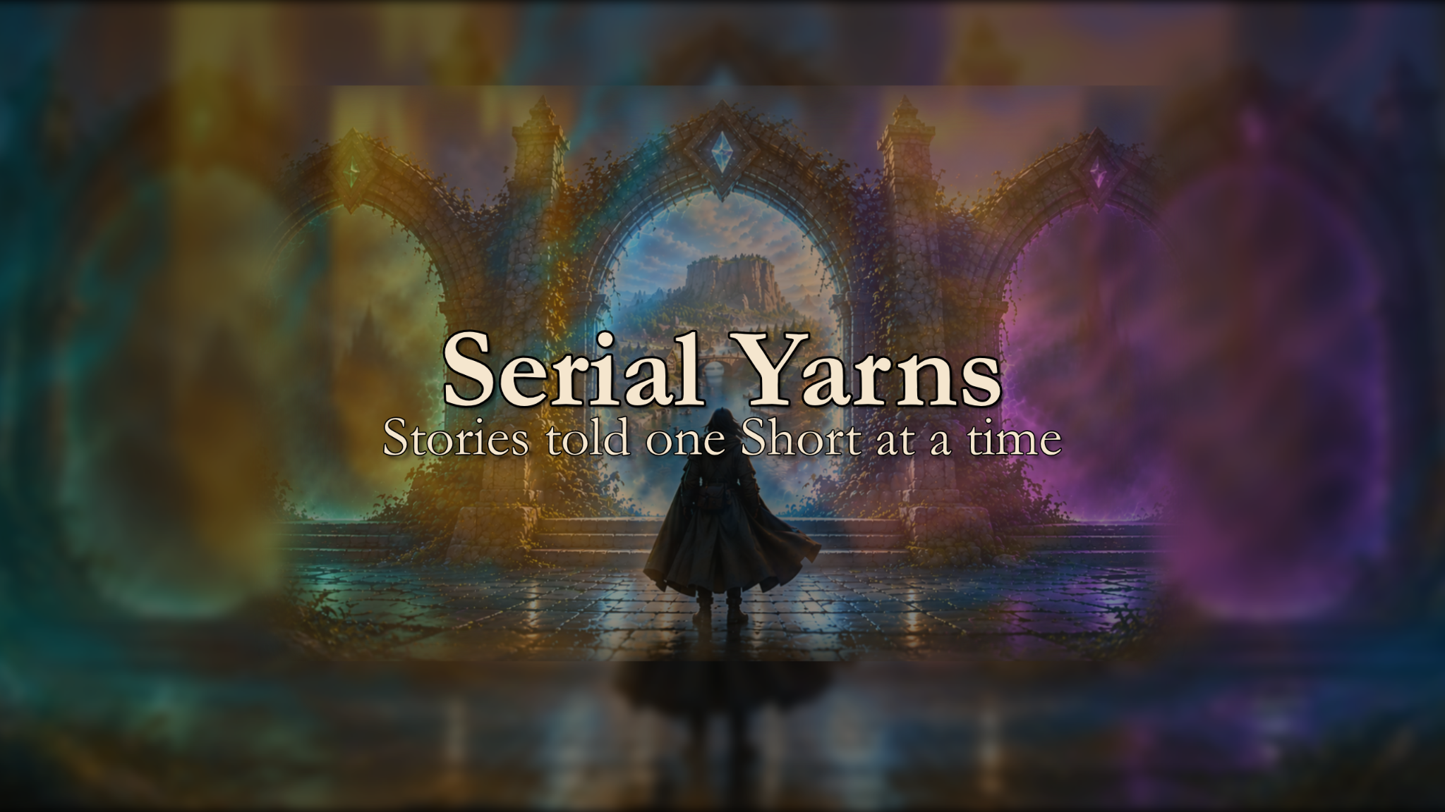 A cloaked traveler approaches three glowing fantasy gateways. Serial Yarns: Stories told one Short at a time.